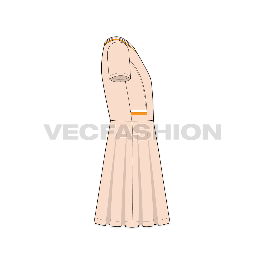 Kids girl flared dress flat sketch, side view