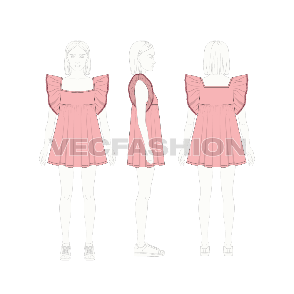 Kids girl frock, armhole ruffle flat sketch, croqui sketch