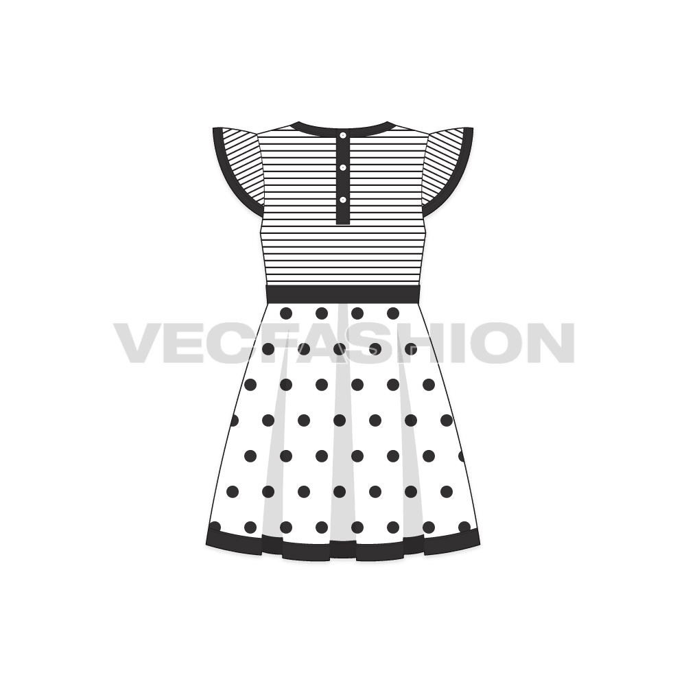 Kids girl frock, polka dot bow flat sketch, back view