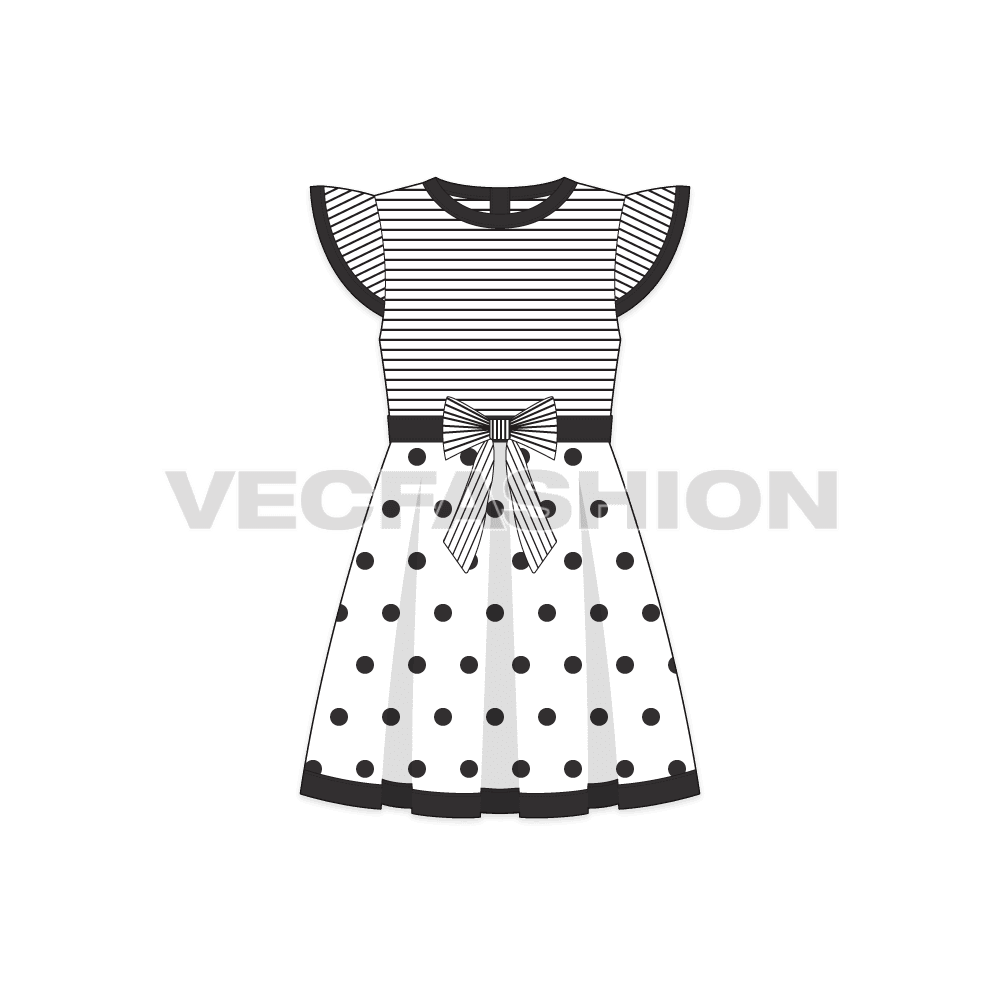 Kids girl frock, polka dot bow flat sketch, front view