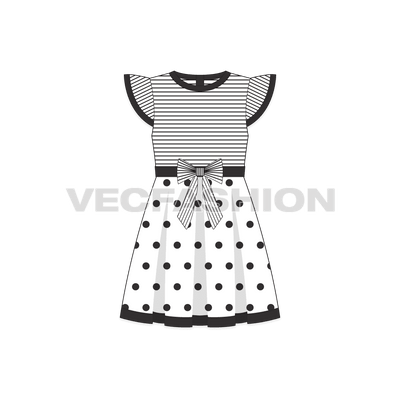 Kids girl frock, polka dot bow flat sketch, front view
