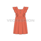Kids girl frock, shoulder ruffle flat sketch, back view