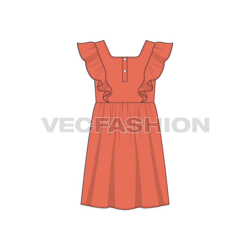 Kids girl frock, shoulder ruffle flat sketch, back view