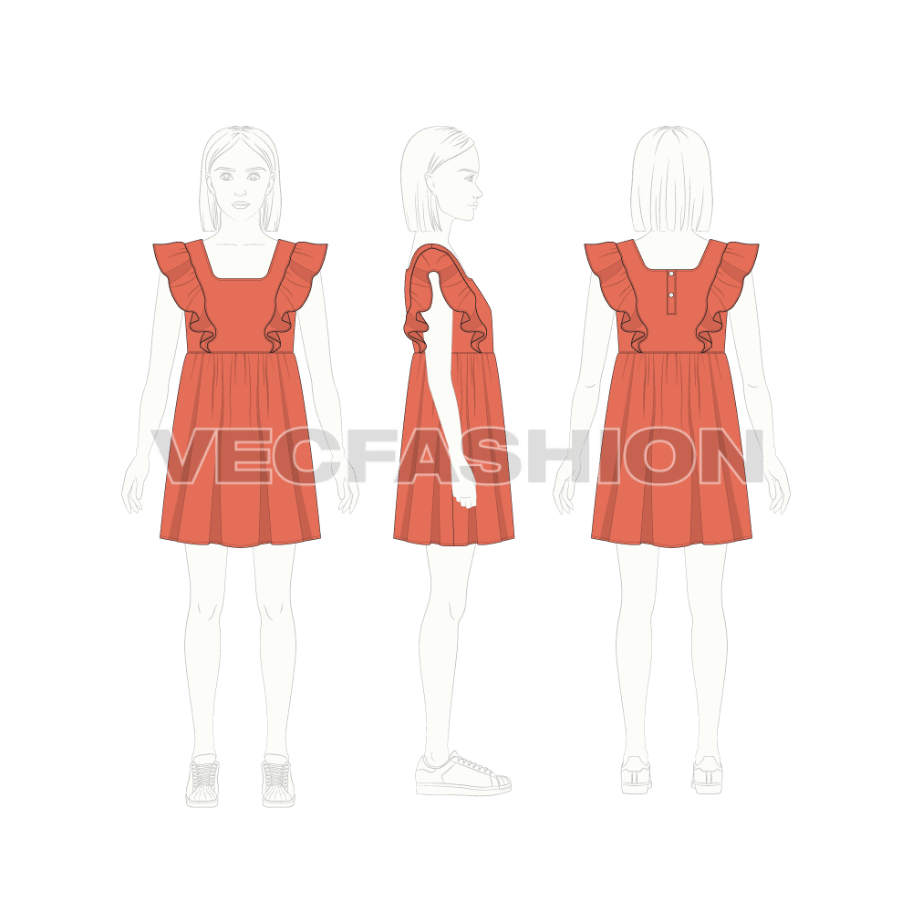 Kids girl frock, shoulder ruffle flat sketch, croqui sketch