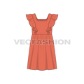 Kids girl frock, shoulder ruffle flat sketch, front view