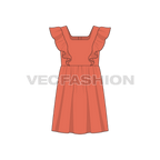 Kids girl frock, shoulder ruffle flat sketch, front view