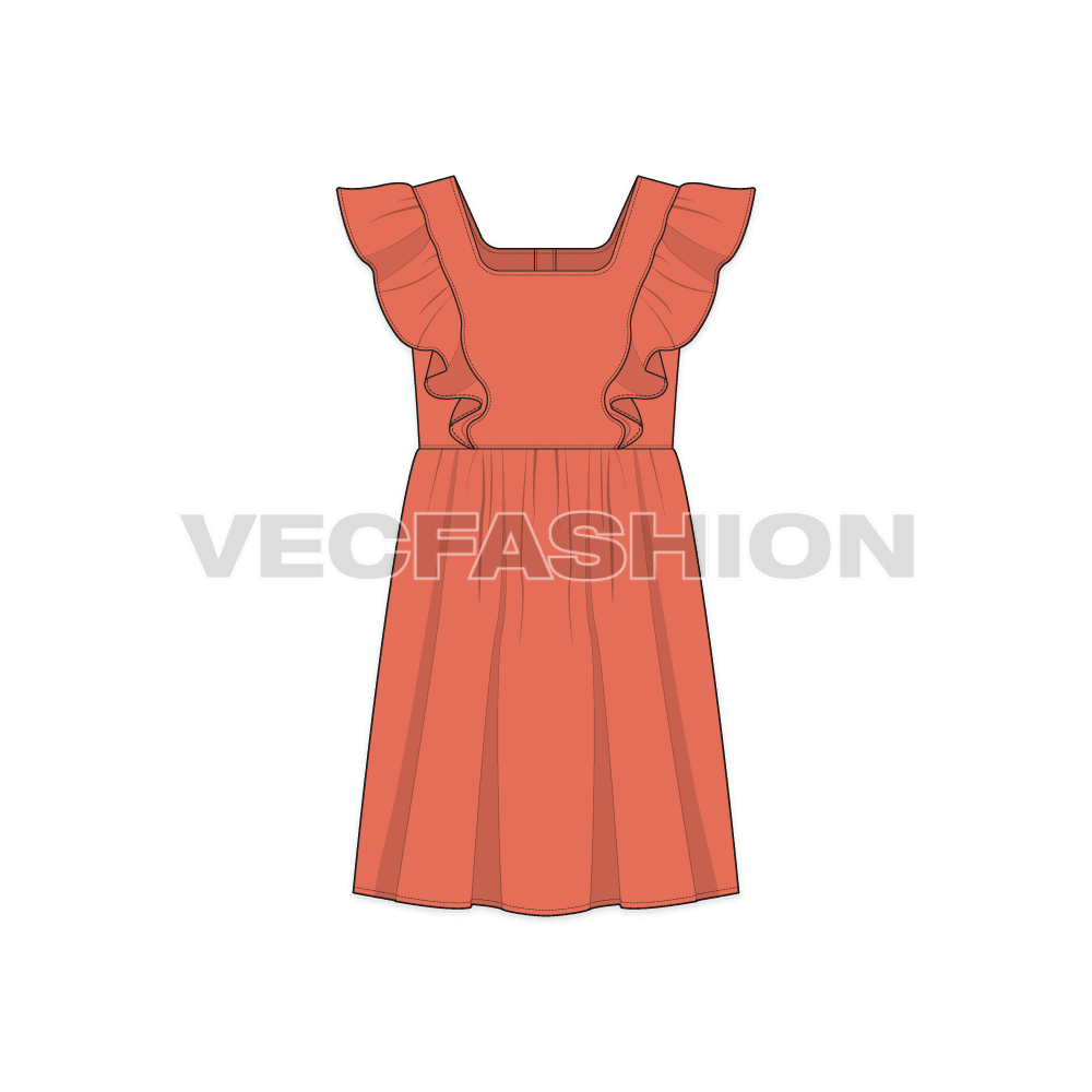 Kids girl frock, shoulder ruffle flat sketch, front view