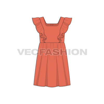 Kids girl frock, shoulder ruffle flat sketch, front view
