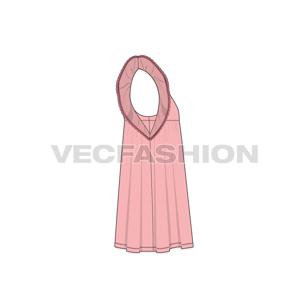 Kids girl frock, armhole ruffle flat sketch, side view
