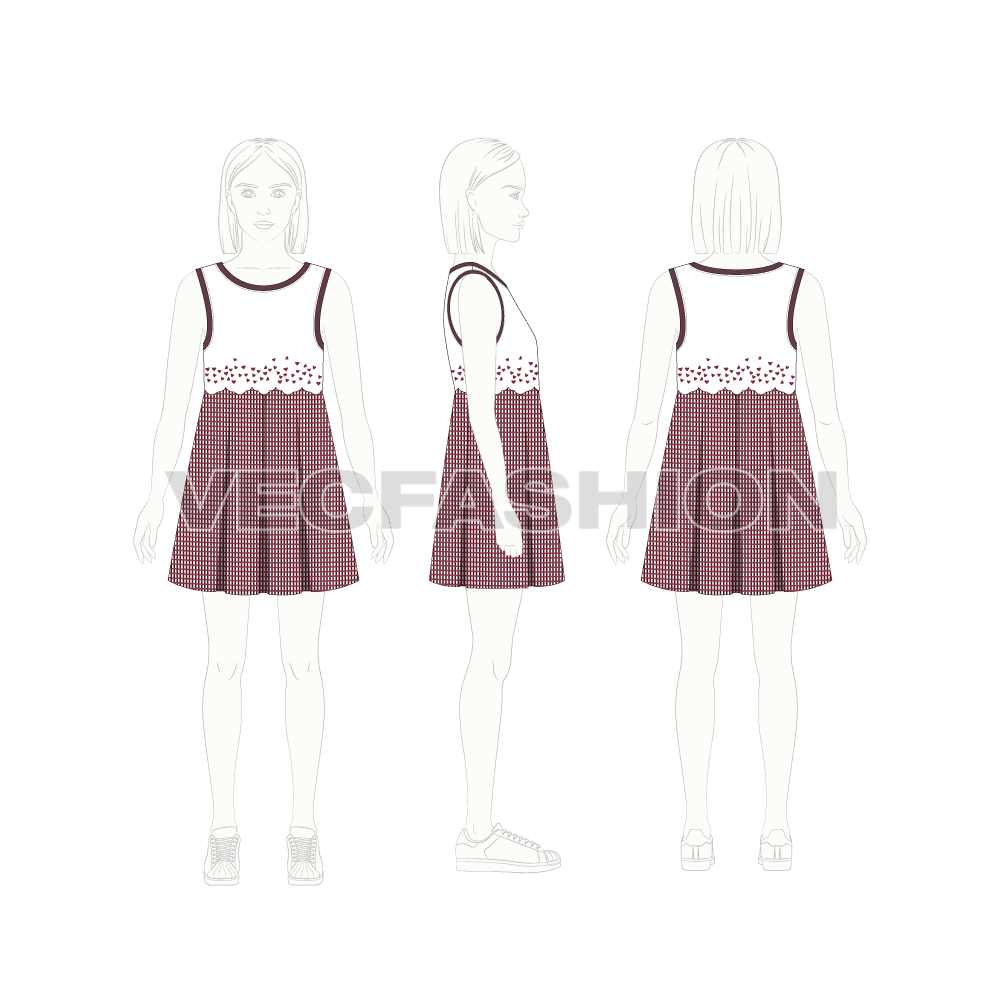 Kids girl frock, sequin flat sketch, back view