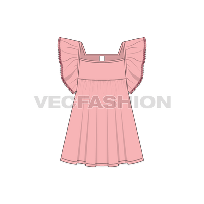 Kids girl frock, armhole ruffle flat sketch, front view
