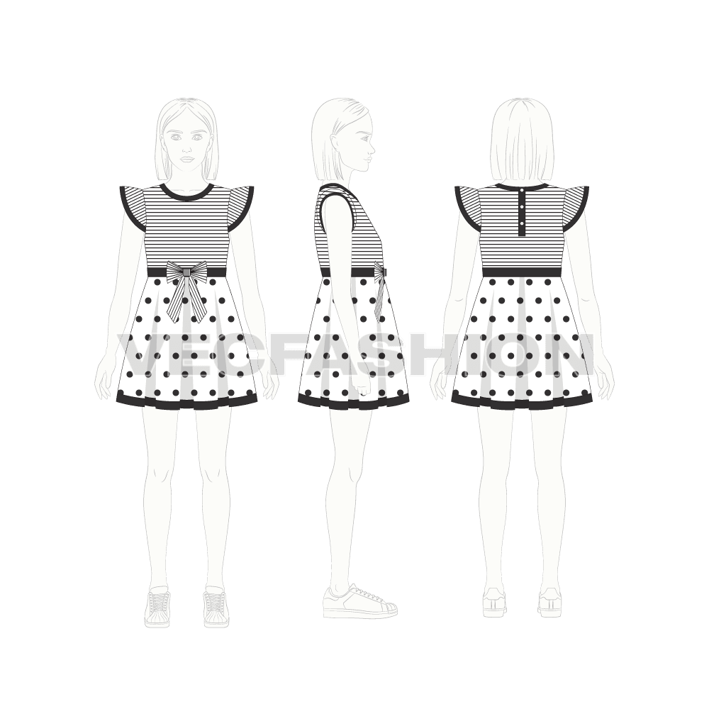 Kids girl frock, polka dot bow flat sketch, croqui sketch