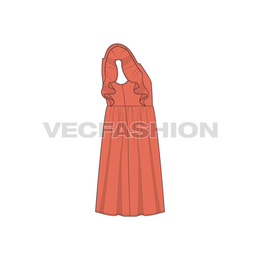 Kids girl frock, shoulder ruffle flat sketch, side view
