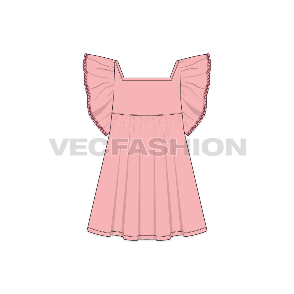 Kids girl frock, armhole ruffle flat sketch, back view
