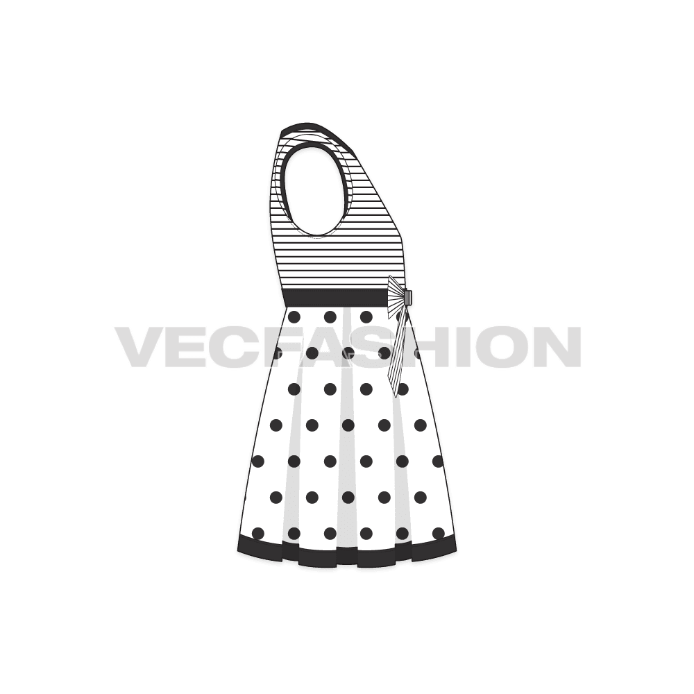 Kids girl frock, polka dot bow flat sketch, side view