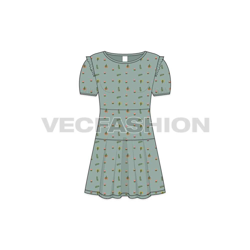 Kids girl frock dress flat sketch, front view