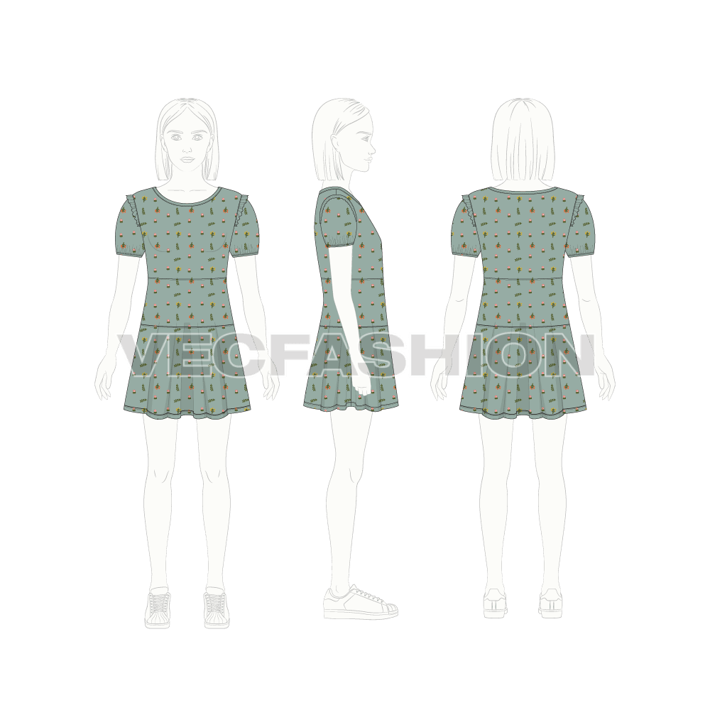 Kids girl frock dress flat sketch, croqui sketch