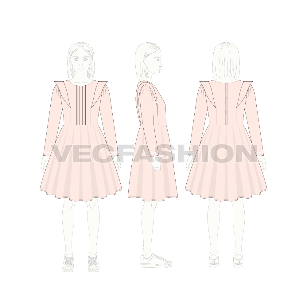 Kids girl party dress, lace flat sketch, croqui sketch