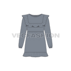 Kids girl party dress, ruffled yoke flat sketch, front view