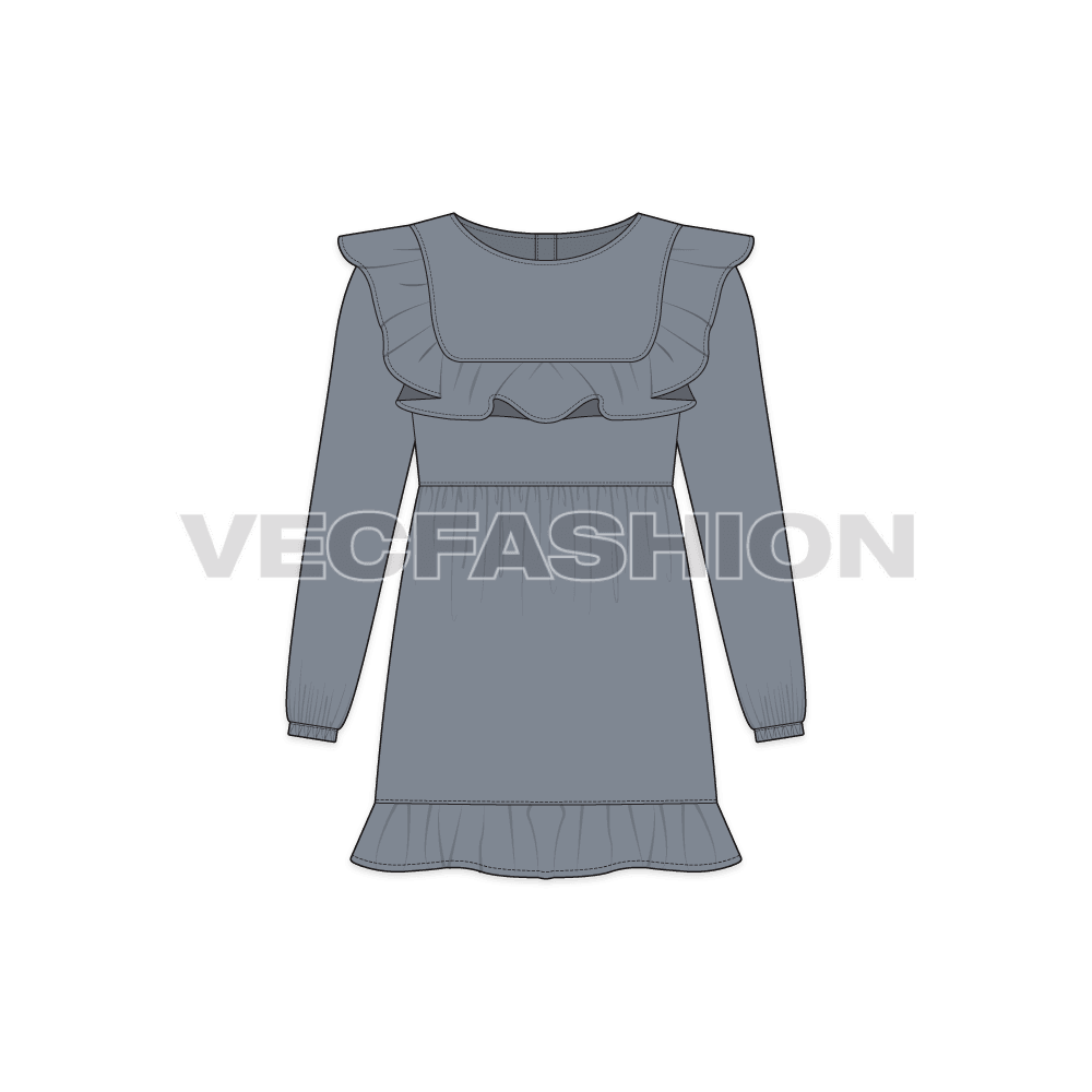 Kids girl party dress, ruffled yoke flat sketch, front view