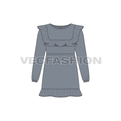 Kids girl party dress, ruffled yoke flat sketch, front view