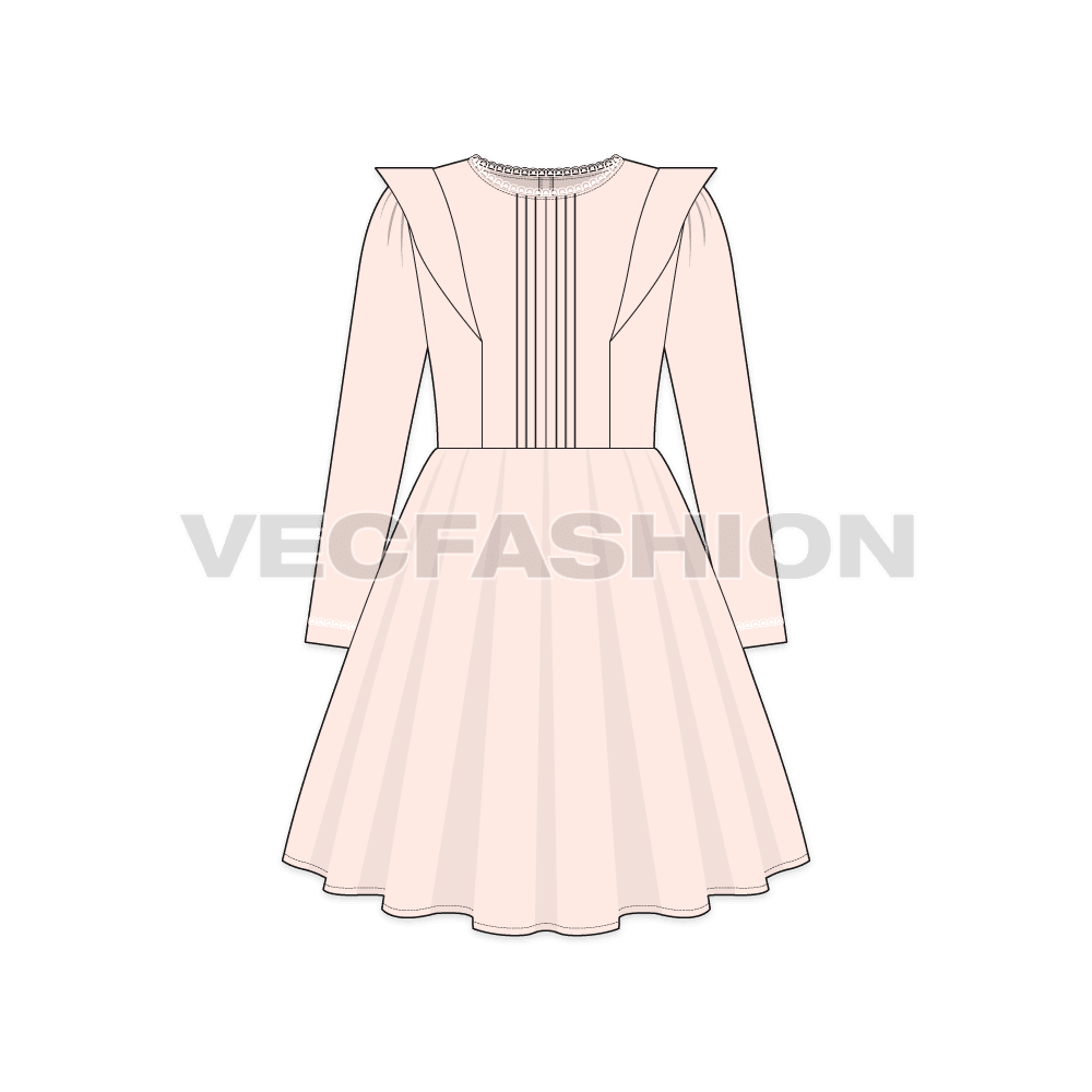 Kids girl party dress, lace flat sketch, front view