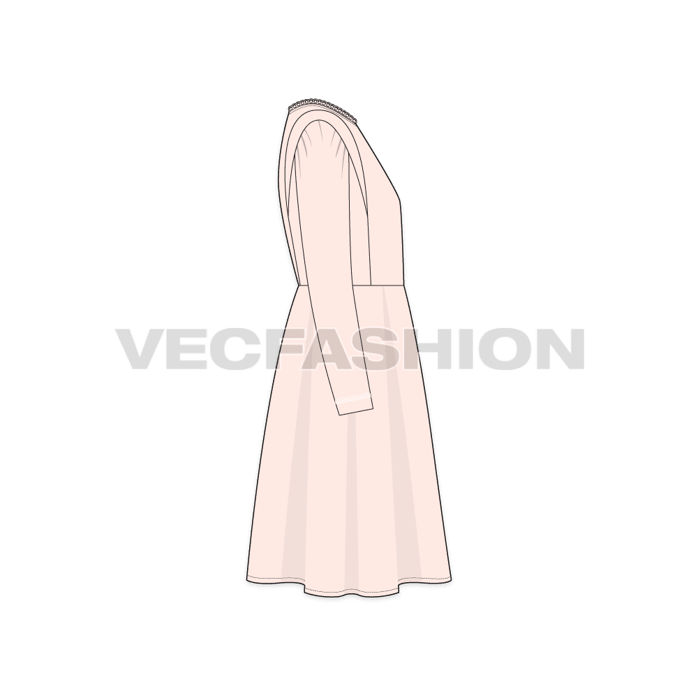 Kids girl party dress, lace flat sketch, side view