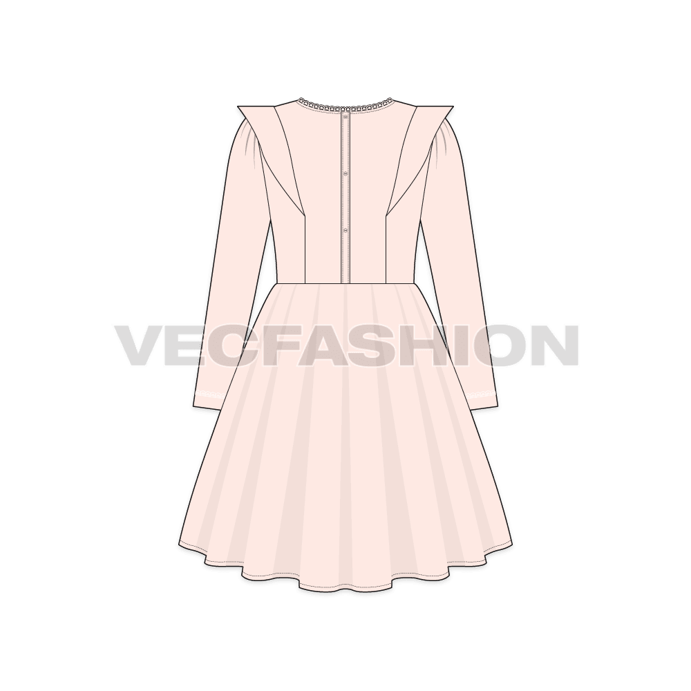 Kids girl party dress, lace flat sketch, back view