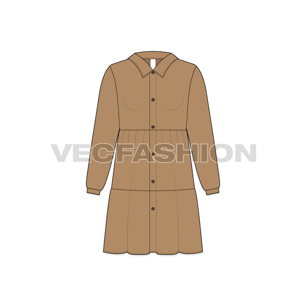 Kids girl shirt dress flat sketch, front view