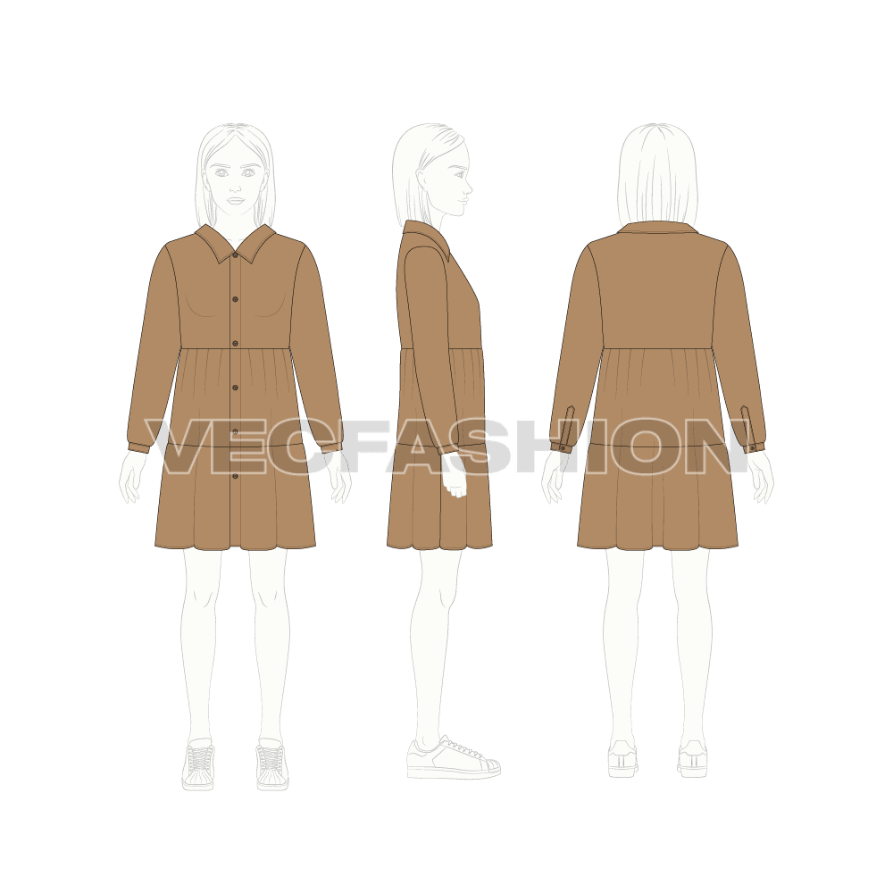 Kids girl shirt dress flat sketch, croqui sketch