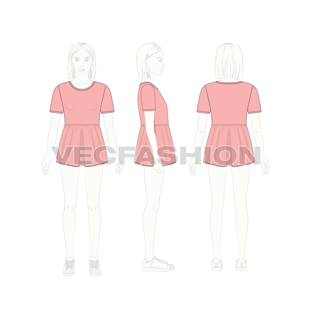 Kids girl short dress flat sketch, croqui sketch