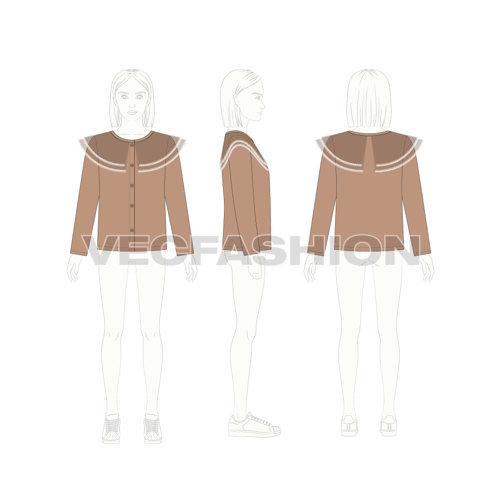 Kids girl stylish shirt flat sketch, croqui sketch