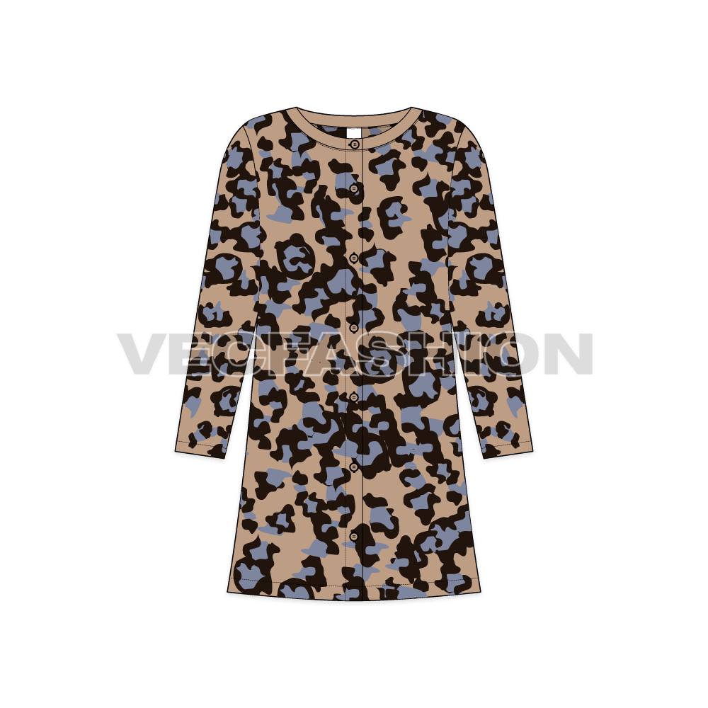 Kids girls animal print dress flat sketch, front view