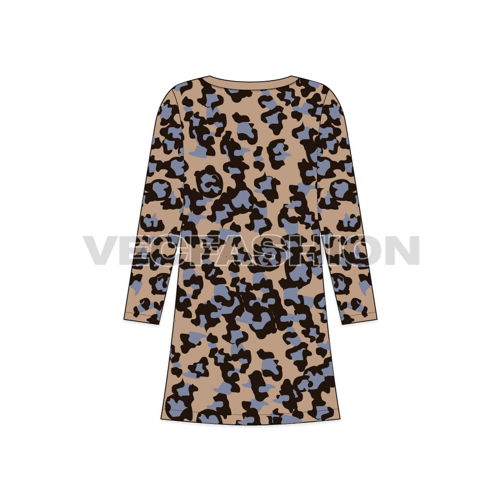 Kids girls animal print dress flat sketch, back view