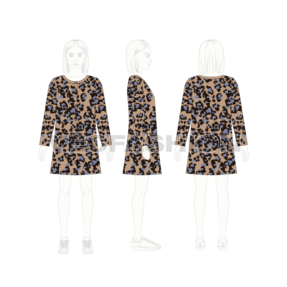 Kids girls animal print dress flat sketch, croqui sketch