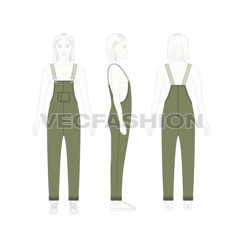 Kids girls dungaree flat sketch, croqui sketch