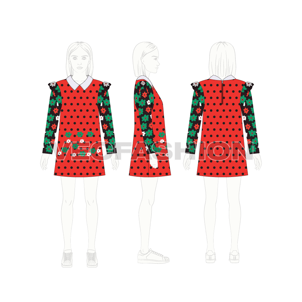 Kids girls floral dress flat sketch, croqui sketch
