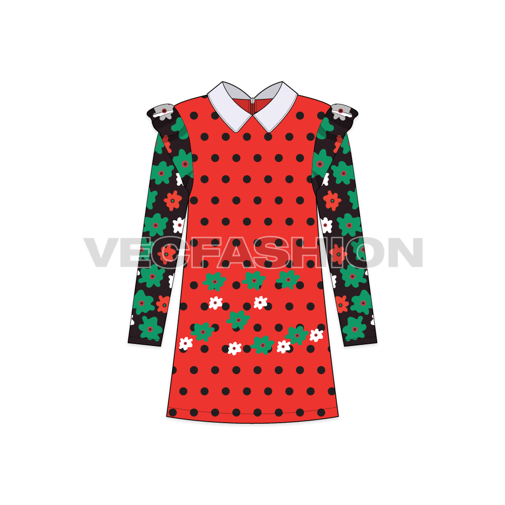 Kids girls floral dress flat sketch, front view