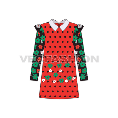 Kids girls floral dress flat sketch, front view