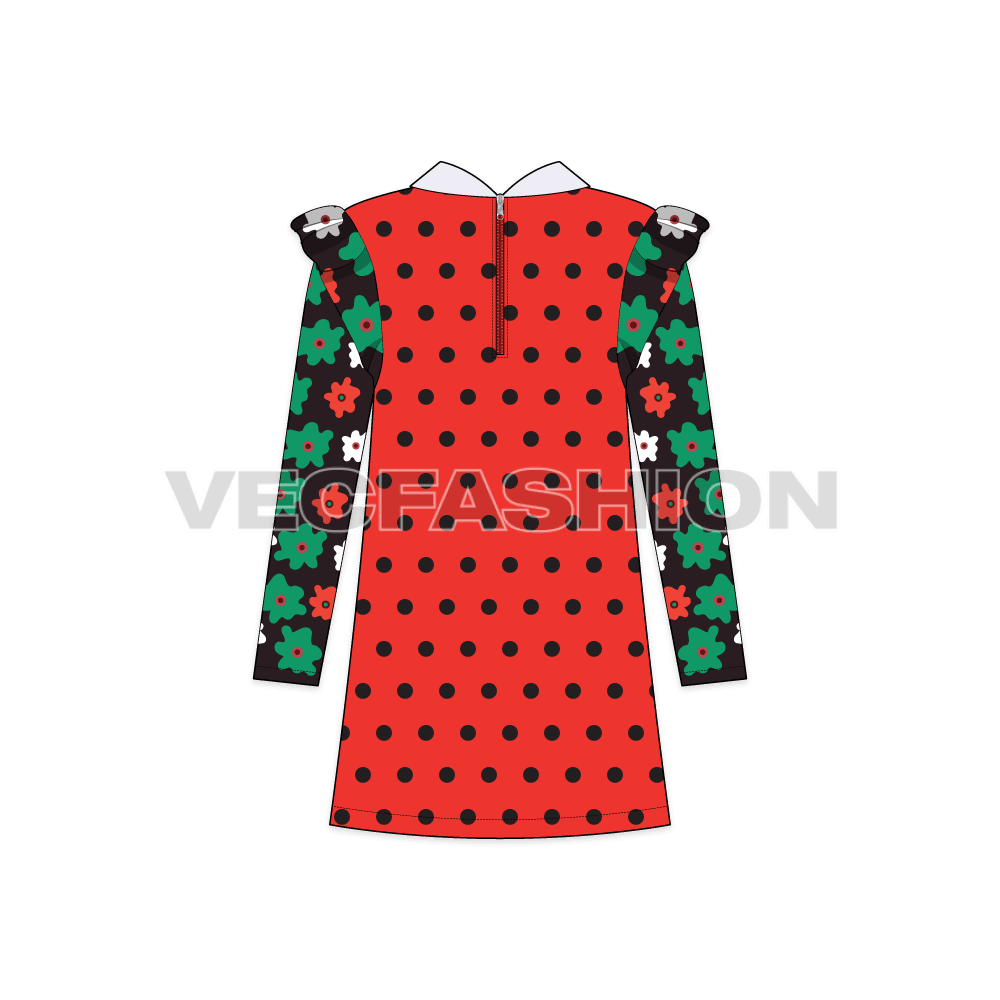 Kids girls floral dress flat sketch, back view