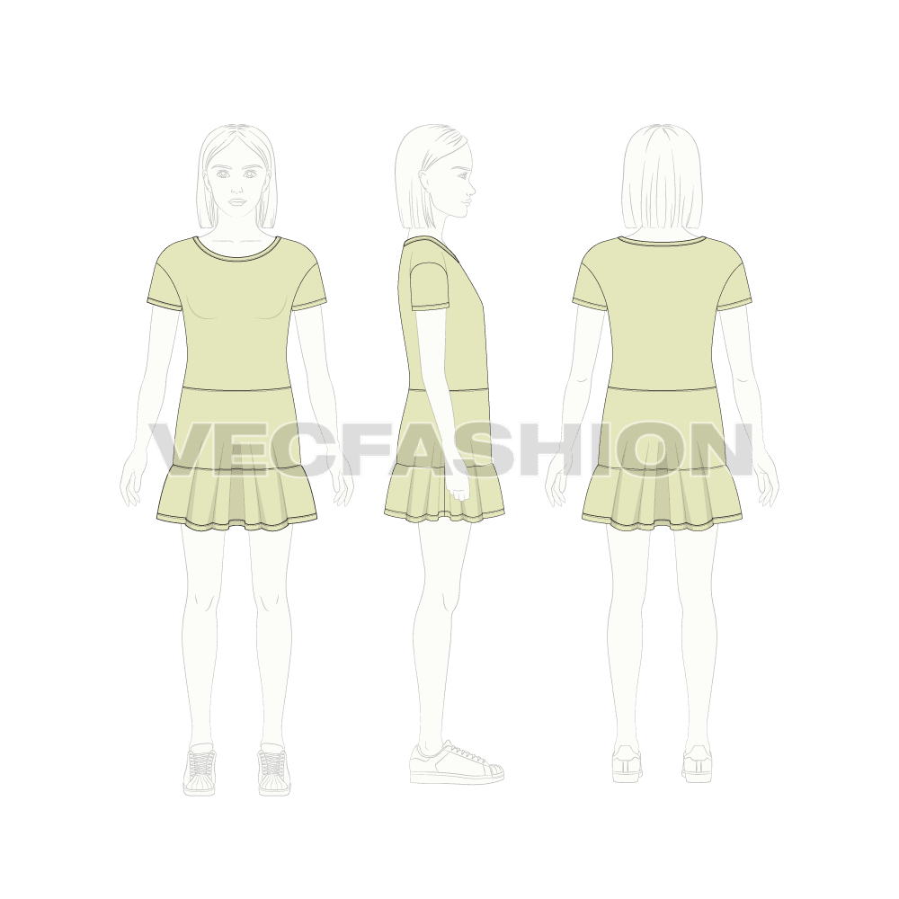 Kids girls frock, ruffled flat sketch, croqui sketch