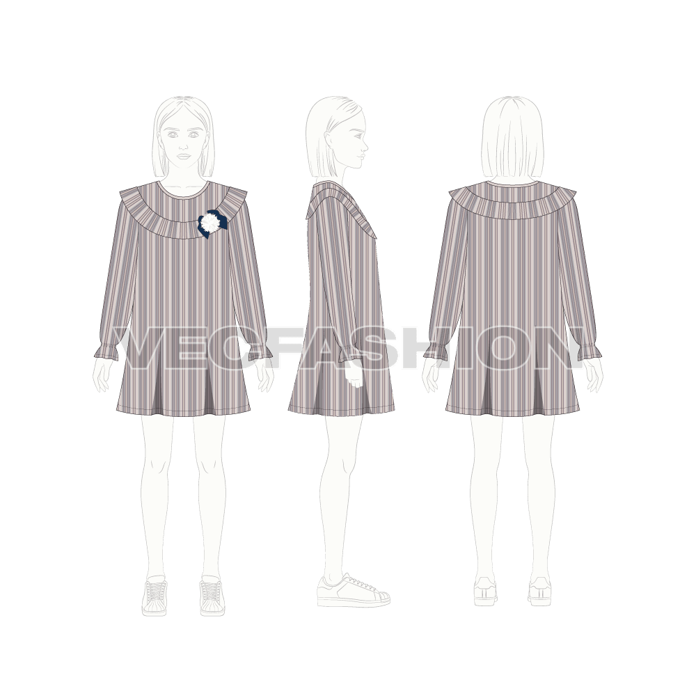 Kids girls frock, pinstripe flat sketch, croqui sketch