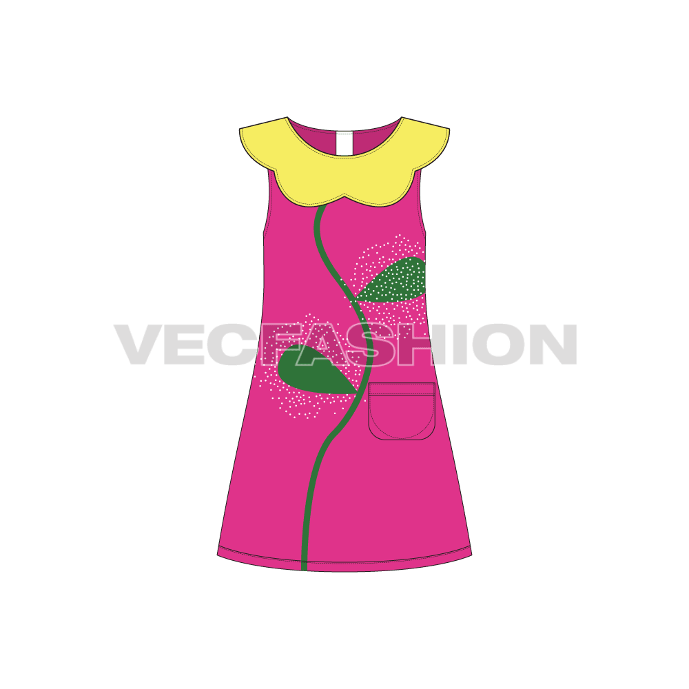 Kids girls frock, flower collar flat sketch, front view