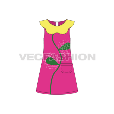 Kids girls frock, flower collar flat sketch, front view