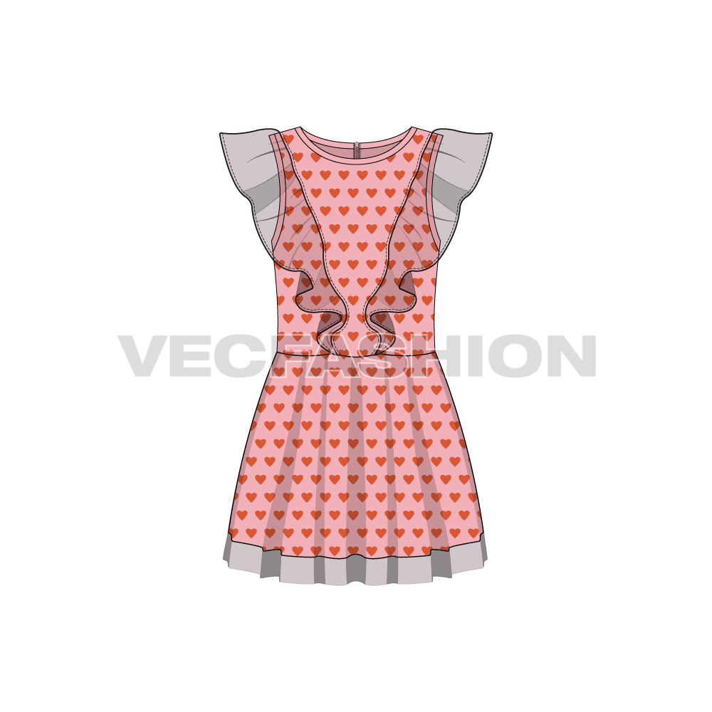 Kids girls frock, fairy wing flat sketch, front view