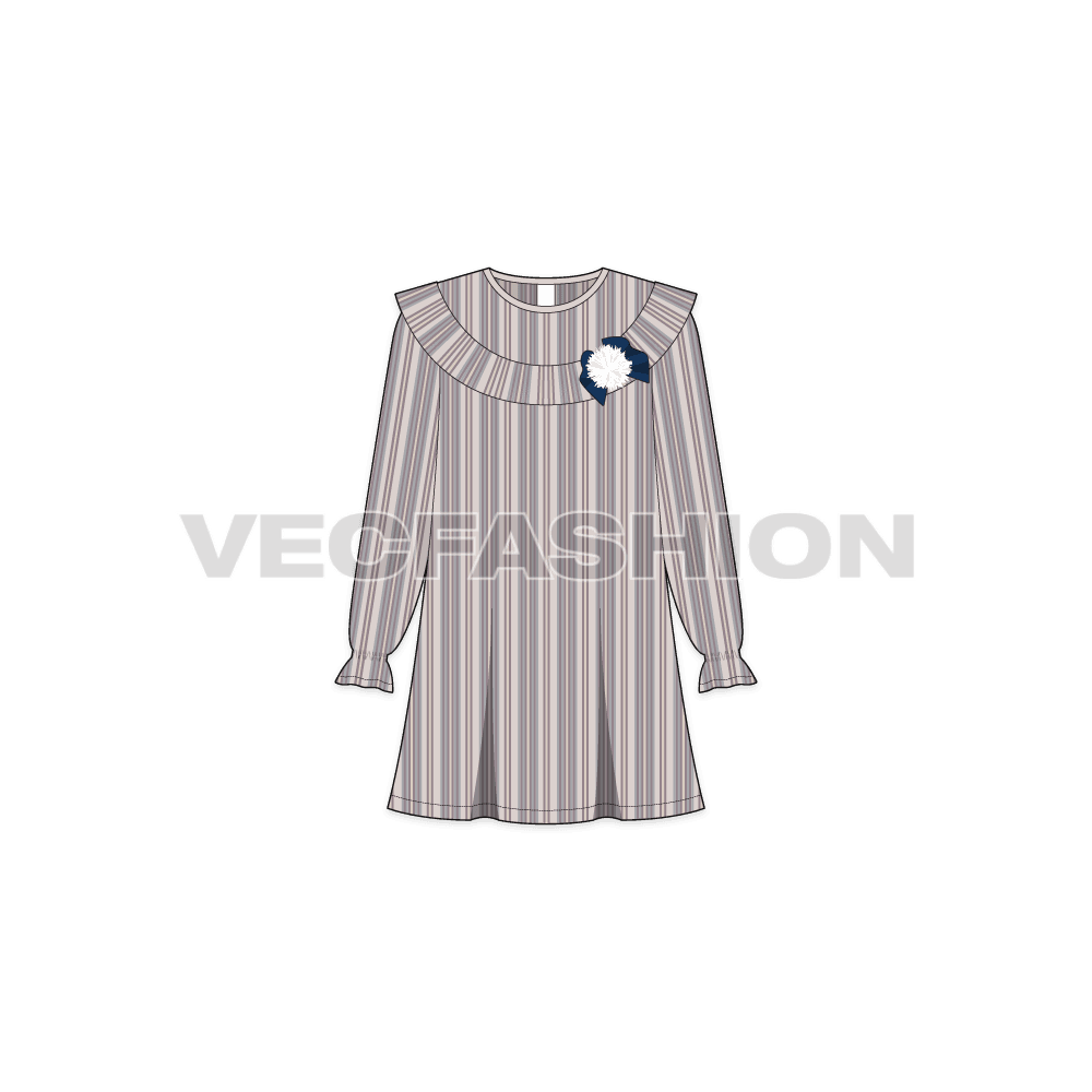 Kids girls frock, pinstripe flat sketch, front view