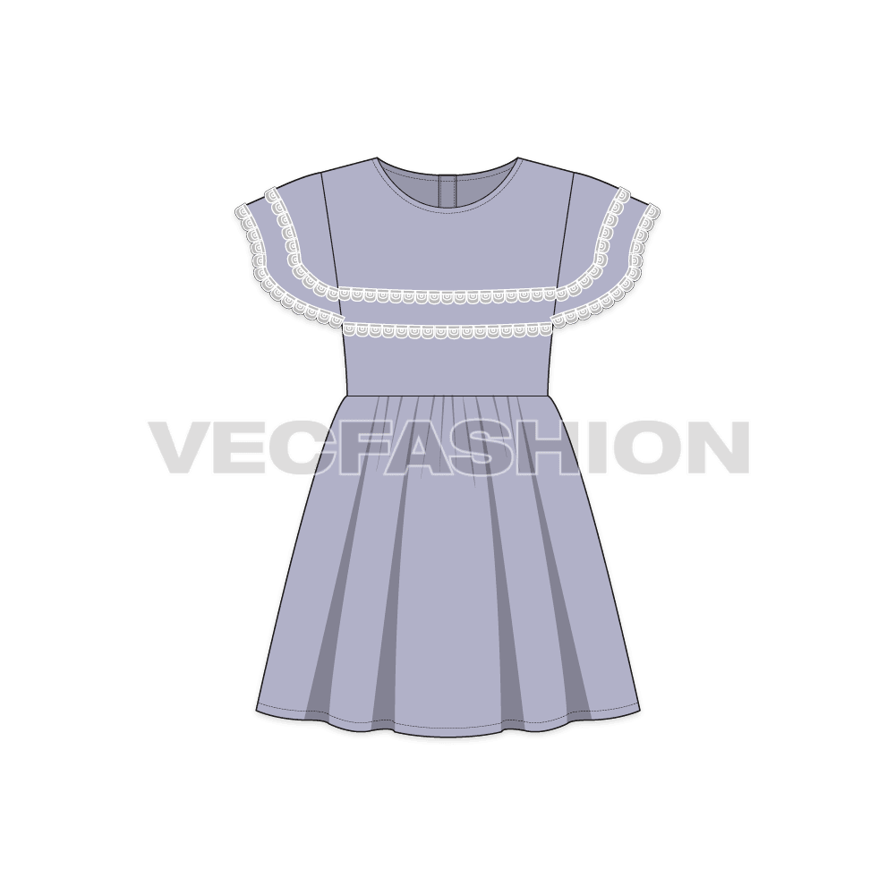 Kids girls frock, lilac lace flat sketch, front view