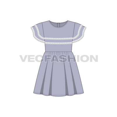 Kids girls frock, lilac lace flat sketch, front view