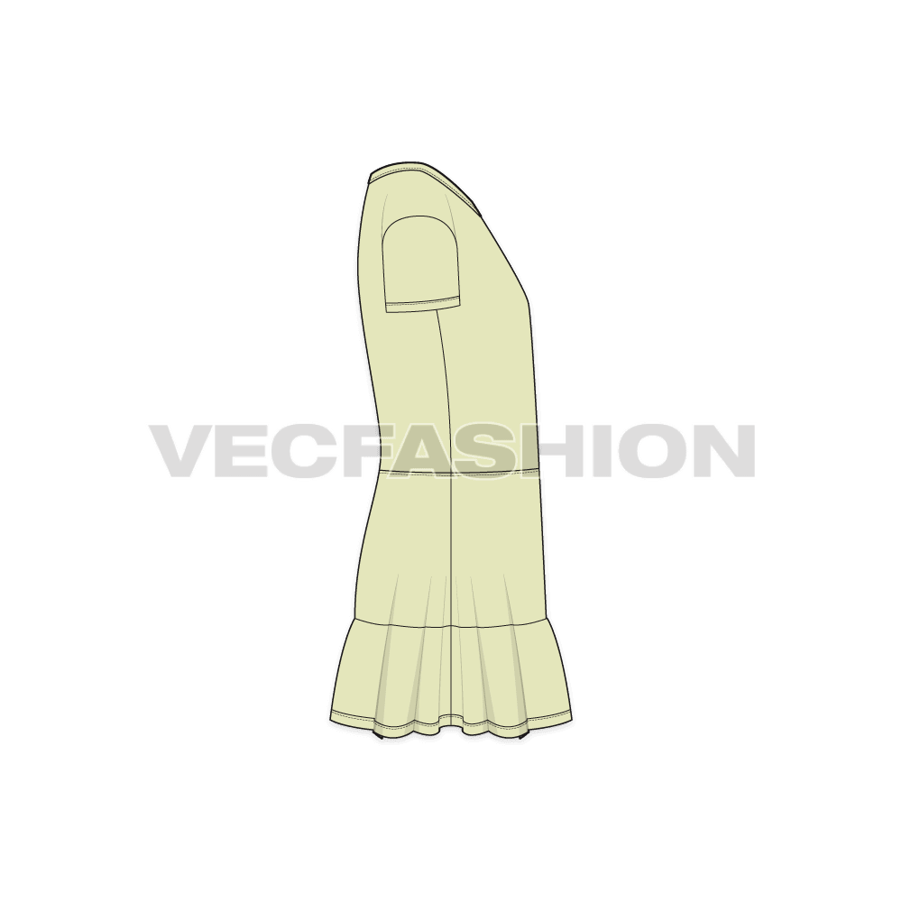 Kids girls frock, ruffled flat sketch, side view