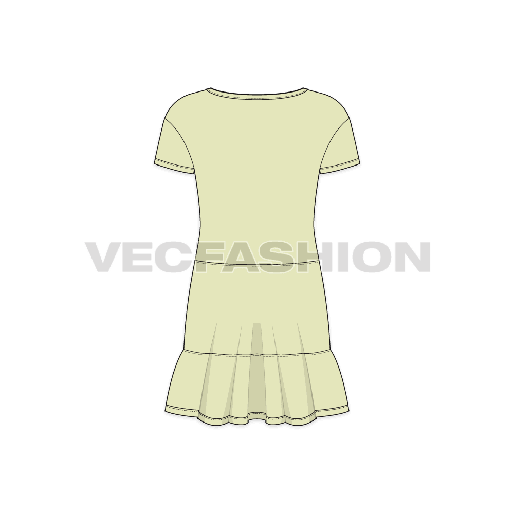 Kids girls frock, ruffled flat sketch, back view